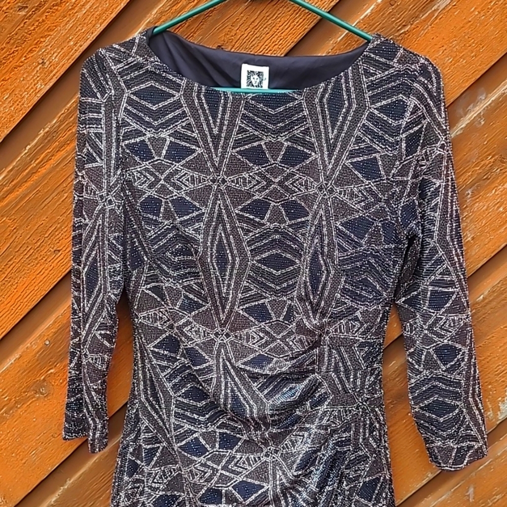 Anne Klein Black and Rose Gold Geometric Sequin/Glitter Rouched Mini Dress